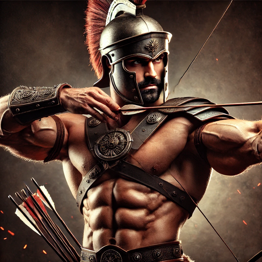DALL·E-2025-03-13-15.37.13-A-powerful-muscular-and-dominant-gladiator-drawing-a-bow-and-shooting-an-arrow.-He-wears-a-Roman-style-helmet-with-a-bold-crest-battle-worn-armor-o