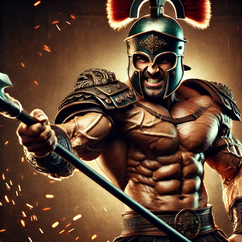 DALL·E-2025-03-16-17.02.03-A-powerful-muscular-and-dominant-gladiator-throwing-a-spear-with-full-force.-He-wears-a-Roman-style-helmet-with-a-bold-crest-battle-worn-armor-on-h